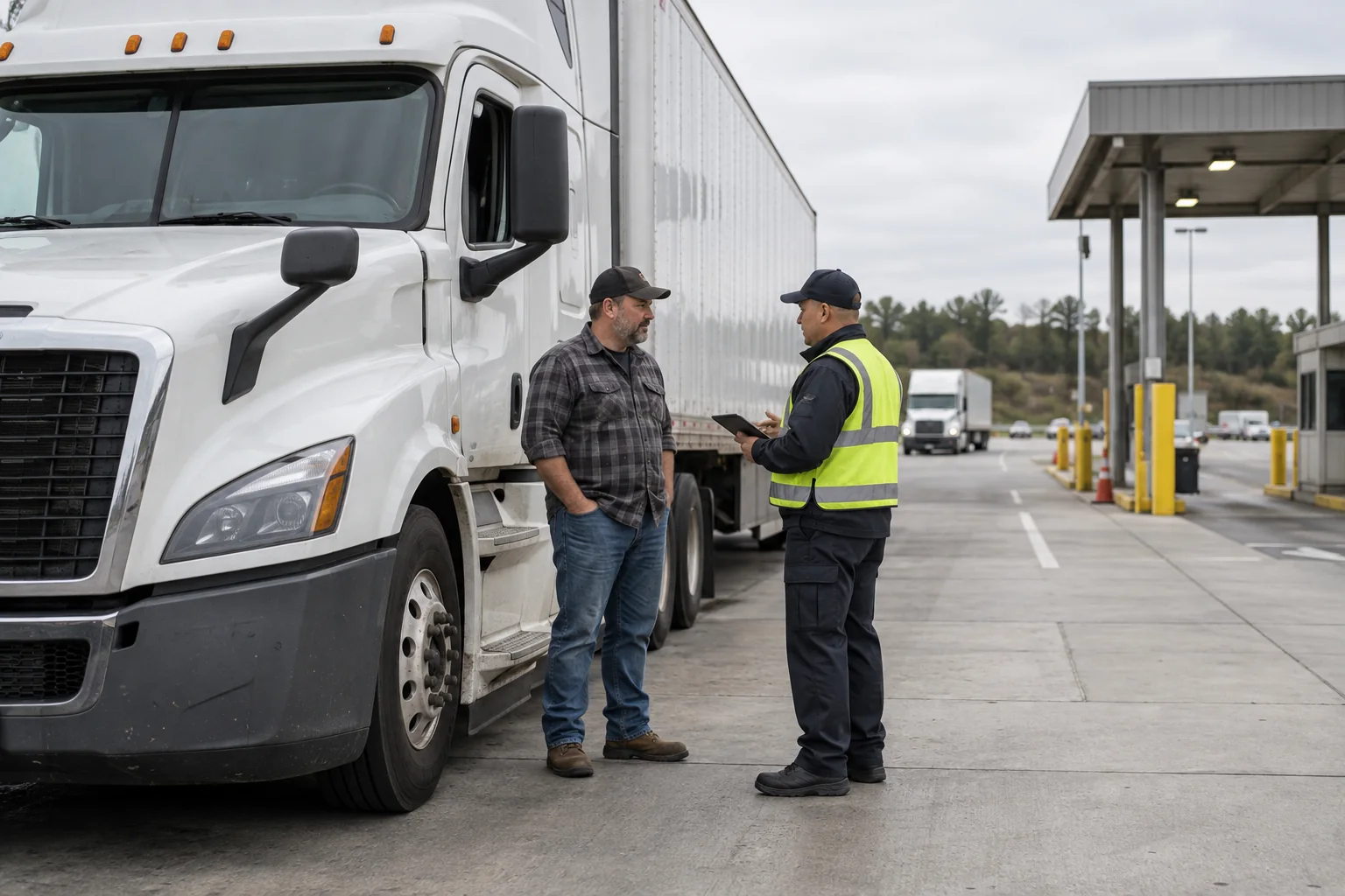 Truck driver talking with a safety inspector beside a semi-truck
